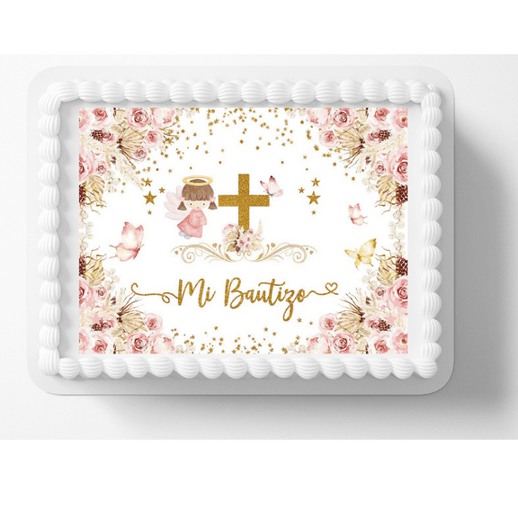 Pink Girl Baptism Mi Bautizo Image Edible Cake Topper Birthday Cake Decoration Edible Photo Paper For 1/4 to 1/2 sheet Cake 10" by 8" rectangle You add To Your Own Cake.