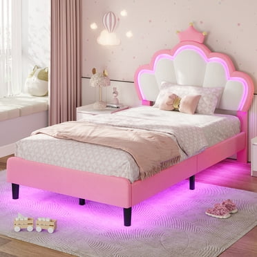 Pink Girl Bed Frame Twin Size with LED Lights, Princess Bed with Adjustable Headboard, Twin Bed Velvet Upholstered Platform Bed with Princess Crown, Solid Wood Slats Support