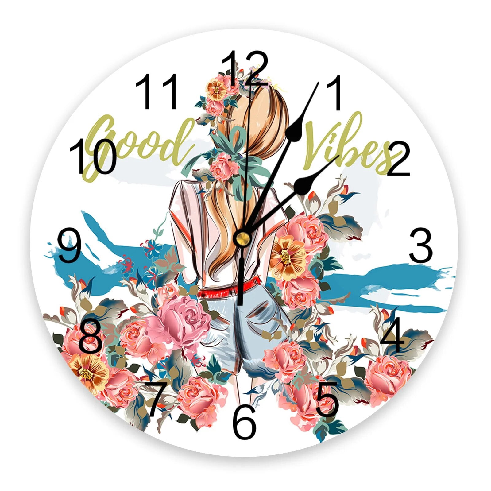 Pink Girl Flower Butterfly Wall Clock Modern Design Living Room ...