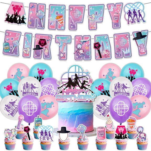 Pink Girl Group Birthday Party Decorations, Happy Birthday Banner, Cake Toppers & Balloons, Easy Setup Pink Party Supplies for Girls