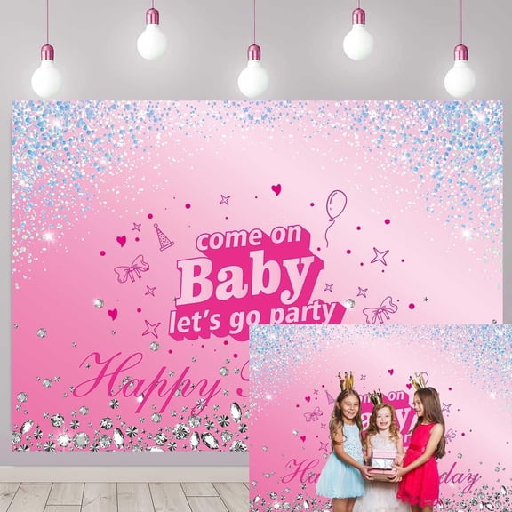 Pink Girl Happy Birthday Backdrop Let's Go Party Diamond Photography Background Pink Princess Girl Makeup Party Baby Shower Dessert Table Decoration