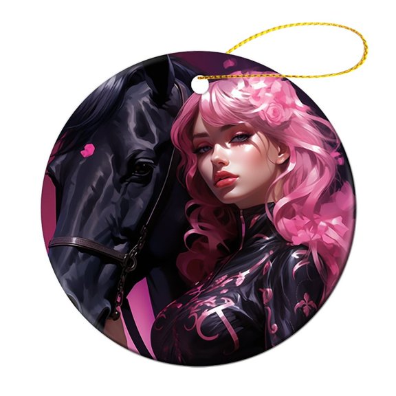 Pink Girl With Horse Christmas Ornament Animal Lovers Gifts Ceramic Double Sided Tree Xmas Ornament Collectible Present Gift Xmas Tree Decoration Funny Gifts for Women/Men