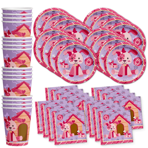 Pink Girl Puppy Dog Birthday Party Supplies Set Plates Napkins Cups Tableware Kit for 16