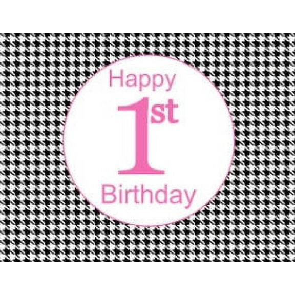 Pink Girls 1st Birthday Edible Frosting Photo Cake Decoration Cake Topper - Houndstooth