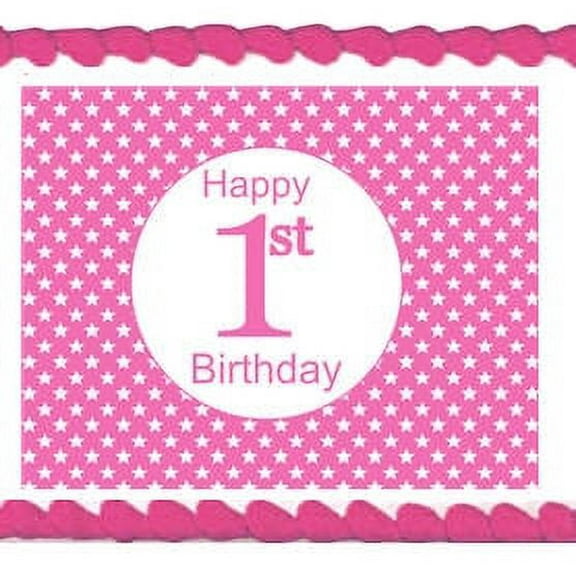 Pink Girls 1st Birthday Edible Frosting Photo Cake Decoration Cake Topper - White Stars