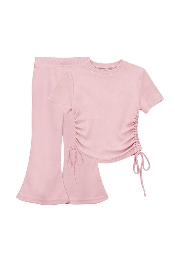 Pink Girls 2 Piece Set - Ribbed Ruched Crop Top & High Waist Flare Pants, Soft Stretchy Matching Outfit for Kids to Kids 1-10 Years,Size 2-3T