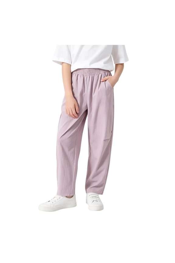 Pink Girls 5T Straight Leg Pants, Polyamid Elastic Waist Preschool Play Casual Trousers,Size 5 T