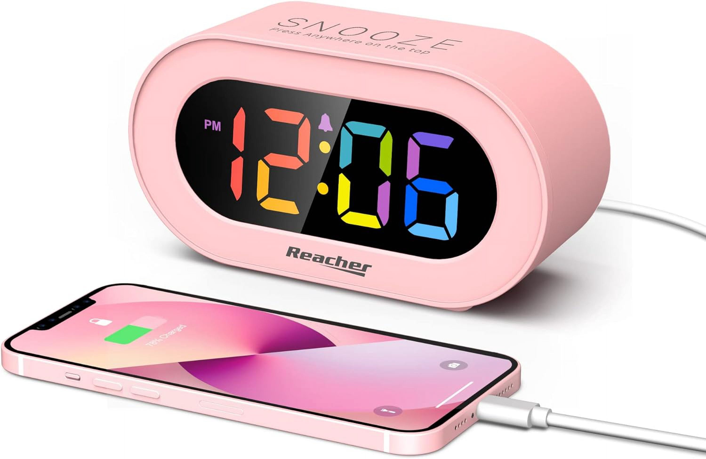 Pink Girls Alarm Clock Dimmable Colorful LED Digital Display USB Phone Charger Port Simple Operation for Kids Adults Adjustable Volume Snooze Small Size Bedrooms Bedside Desk