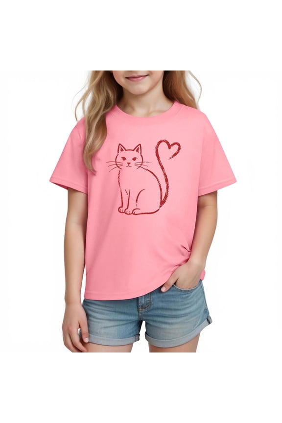 Pink Girls Cat Shirt with Heart Tail, Cute Cat Graphic Tee for Kids, 100% Cotton Short Sleeve T-Shirt for Valentine's Day and Everyday Play,Size 7 T