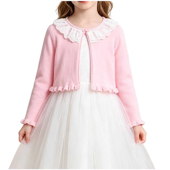 Pink Girls Cotton Cardigan Sweater - Lace Collar Cropped Open Front Knit Bolero for 2-14 Years,Size 4-5 T