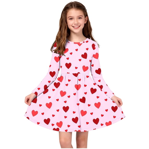 Pink Girls Dress with Red Heart Print - Long Sleeve Stretchy Soft Easy Care, Size 4-14 Years for Spring Fall,Size 7-8 T