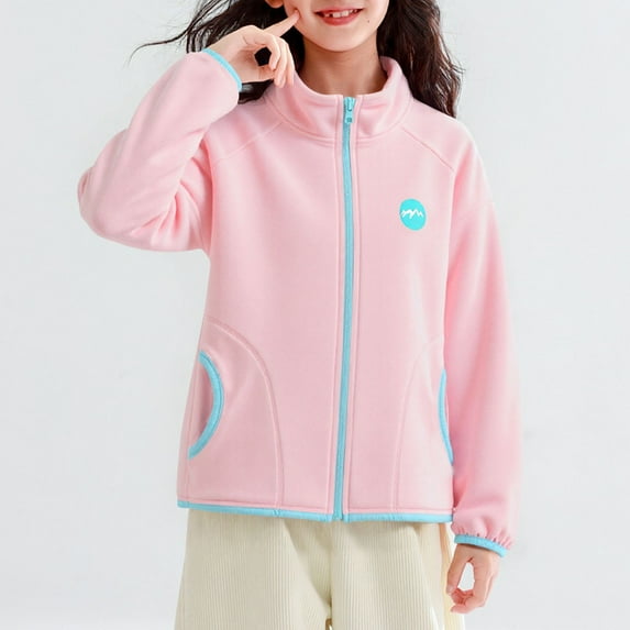 Pink Girls Fleece Jacket - 100% Polyester Cozy Lightweight Full Zip Stand-Up Collar with Side Pockets Elastic Cuffs Machine Washable Relaxed Fit Sizes 4-15,Size 14-15 T