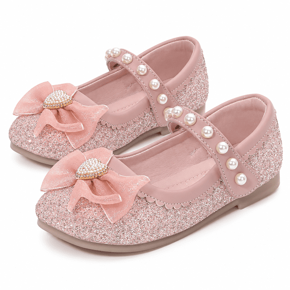 Pink Girls Glitter Mary Jane Dress Shoes with Pearl Strap and Flower Bow Size 1, Princess Party Flats for Big Kids