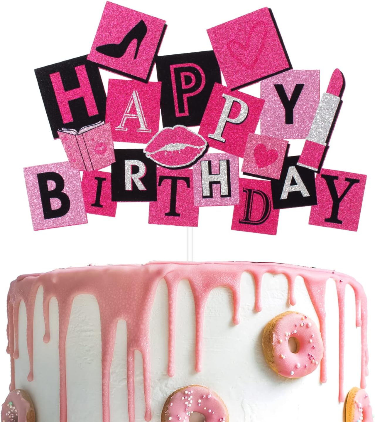 Pink Girls Happy Birthday Cake Topper Funny Glitter Lips Cake Topper