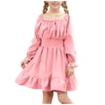 thumbnail image 1 of Pink Girls Party Dress Long Sleeve with Square Neck, Smocked Waist & Ruffle Hem for Kids Birthday Holiday 4-13 Years,Size 4-5T, 1 of 7