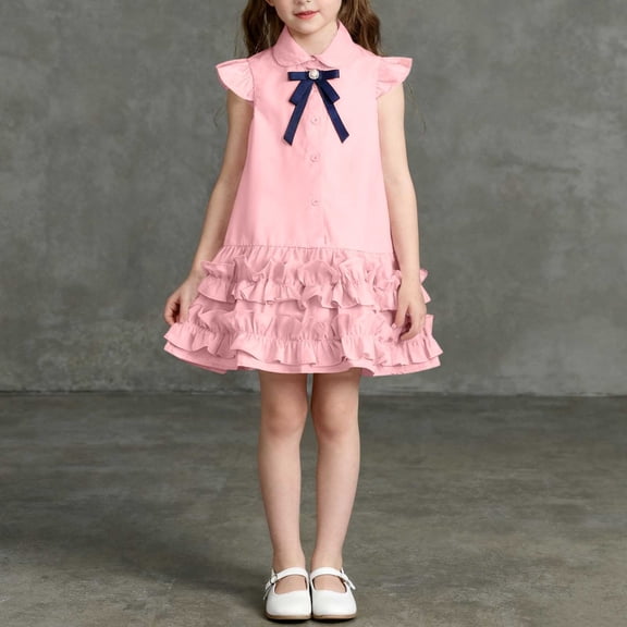 Pink Girls Ruffle Dress with Shirt Style Collar & Bow Detail, Sleeveless Casual Party Wear for Kids & Kids,Size 3-4 T