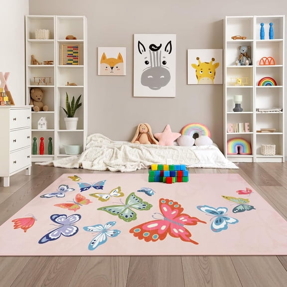 Pink Girls Rugs For Bedroom, Washable Kids Rugs For Palyroom, Non Slip Soft Butterfly Area Rugs For Kids Room Nursery, Soft Carpet For Daycare Tent Dorm Living Room Indoor Decor 2x3ft