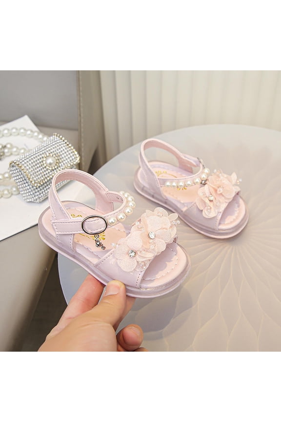 Pink Girls Sandals Floral Bow Dress Shoes, Kids PU Faux Leather Wedding Party Shoes, Adjustable Ankle Strap Open Toe Sandals Non-slip,Size 17