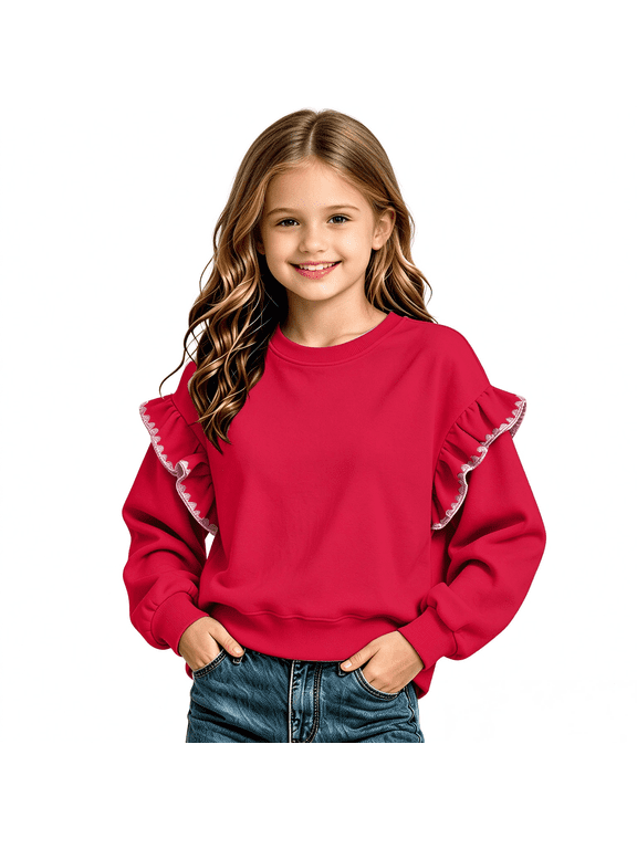 Pink Girls Sequin Trim Ruffle Sweatshirt 7-8 Years,Sparkly Crew Neck Pullover,Glitter Party Top for Holiday Birthday Evening Outfits
