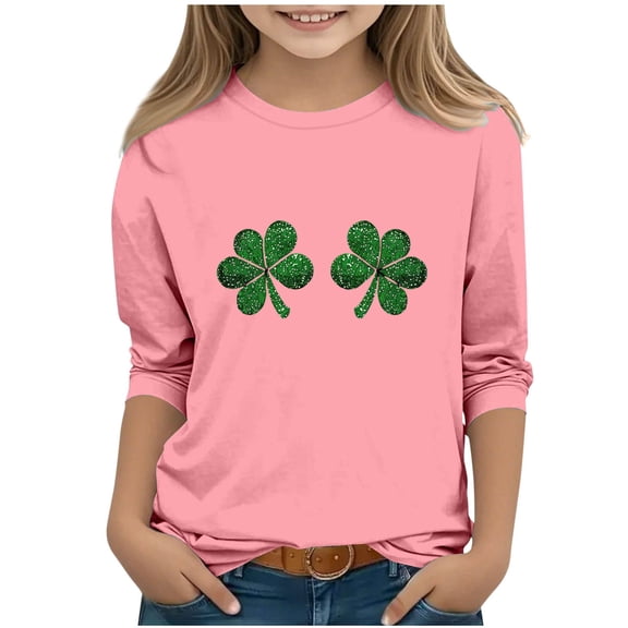 Pink Girls Shamrock Print Top for St. Patrick's Day - 3/4 Sleeve Green Glitter Soft Stretch Polyester Spandex Relaxed Fit for 4-12 Years Old,Size 5-6T
