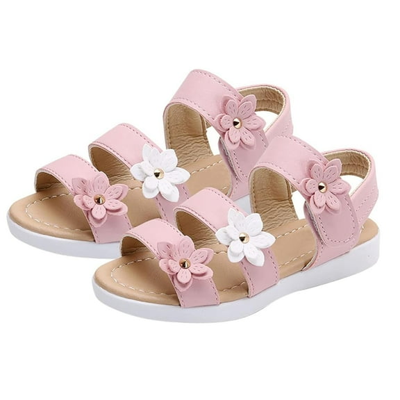 Pink Girls Summer Sandals With Decorative Flowers And Adjustable Straps, Suitable For Beach And Pool Use, Featuring Flat Sole And Easy Wear