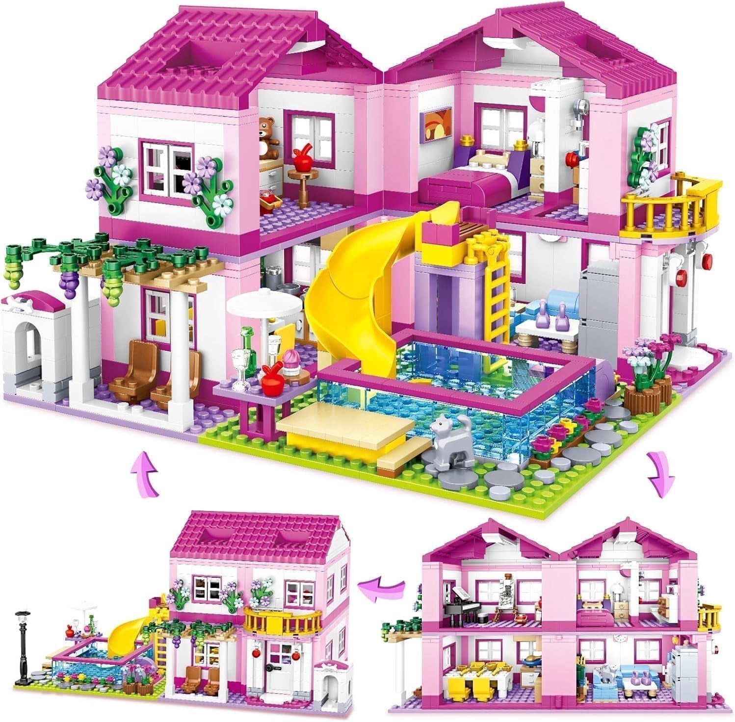 Pink Girls Summer Villa Friends Building Set, Building Toy for Girls, Friends Construction Educational Toy for Kids Age 8-12 and Up 1018 PCS