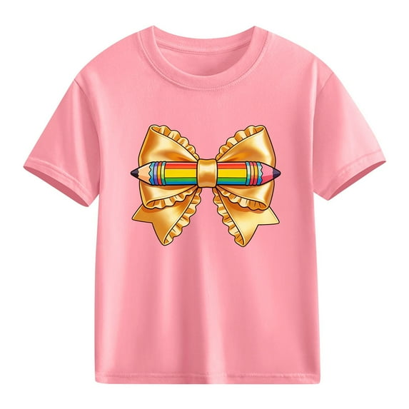 Pink Girls T-Shirt, Cute Kids Graphic Tee with Rainbow & Bow, 100% Cotton Short Sleeve Crewneck Top for Kids & Little Girl,Size 4 T