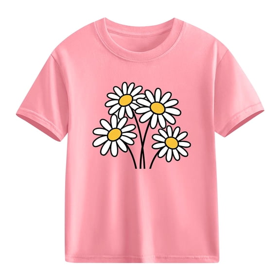 Pink Girls T-Shirt with Daisy Print, Short Sleeve 100% Cotton Tee for Kids & Kidss, Cute Flower Top for Girls, Casual Play Shirt,Size 3 T