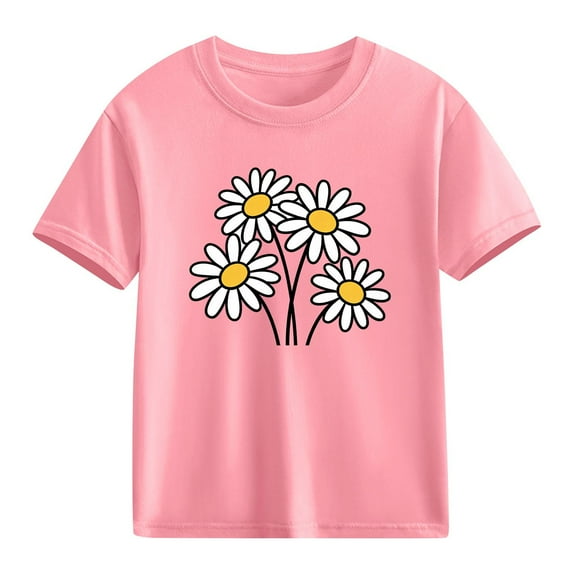 Pink Girls T-Shirt with Daisy Print, Short Sleeve 100% Cotton Tee for Kids & Kidss, Cute Flower Top for Girls, Casual Play Shirt,Size 5 T