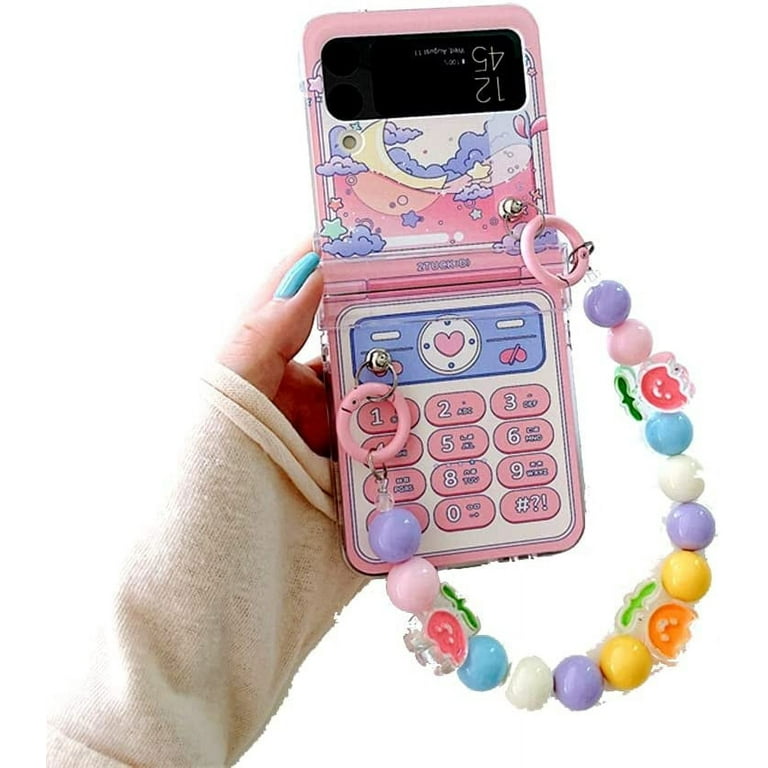 Pink Girly Case for Galaxy Flip 4, Retro Design Phone Key Moon and