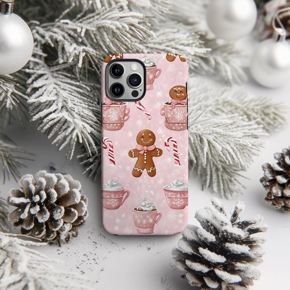 Pink Girly Coquette Gingerbread Man Christmas Tough Phone Case, Dual-Layer Protective Cover for iPhone