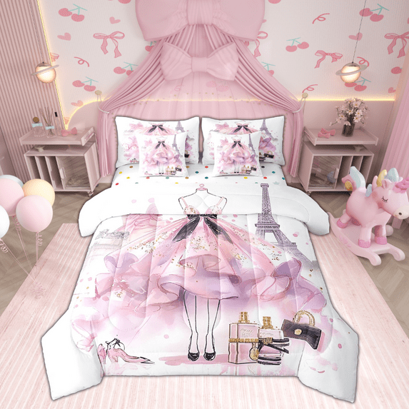 Pink Girly Dress Bed In A Bag 7 Piece Queen Women Eiffel Tower Paris Comforter Set Pink Tie-Dye Bed Set Modern Fashion Pink High Heels Romantic Makeup Themed Sheet Set Perfume Print Bedding