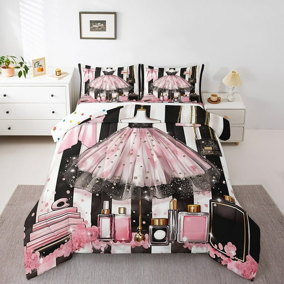 Pink Girly Dress Bedding King Size Modern Women Black White Stripe Comforter Set Romantic Makeup Themed Bedding Comforter Sets Golden Polka Dots Duvet Insert Perfume Print Quilt