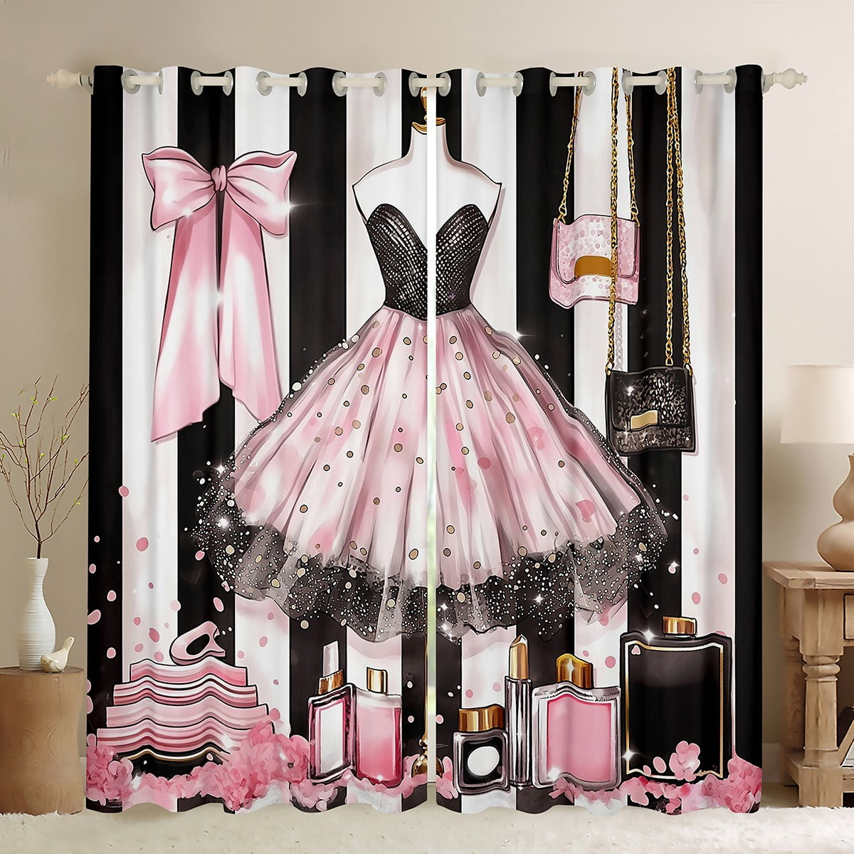 Pink Girly Dress 30%-50% Blackout Curtains Modern Women Black White Stripe  Curtains Romantic Makeup Themed Bedroom Curtains Golden Polka Dots Window  Curtains Perfume Print Curtains,84"Wx90"L - Walmart Business Supplies