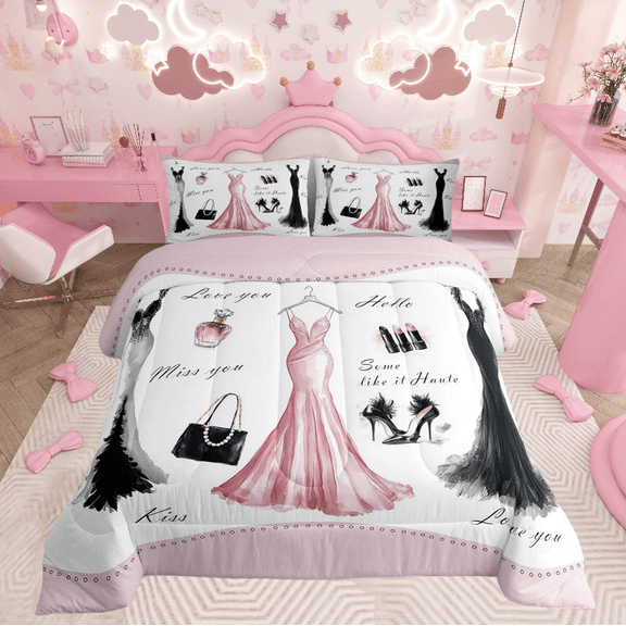 Pink Girly Dress Comforter Set King Modern Fashion Woman Dress Bedding Sets Modern Bedding Comforter Sets Girly Down Comforter Black High Heels Romantic Makeup Print Duvet Sets