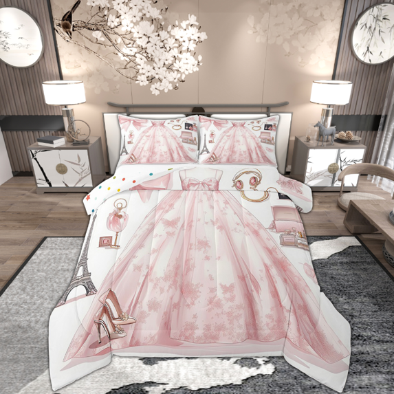 Pink Girly Dress Comforter Set Modern Fashion Woman Dress Bedding Eiffel Tower Paris Bedding Comforter Sets Golden Polka Dots Duvet Insert Black High Heels Romantic Makeup Print Quilt