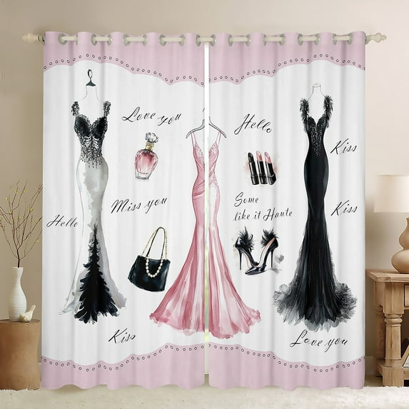 Pink Girly Dress Curtains Modern Fashion Woman Dress 30%-50% Blackout Curtains Modern Bedroom Curtains Girly Window Curtains Black High Heels Romantic Makeup Print Curtains,2 Panels 38"Wx54"L