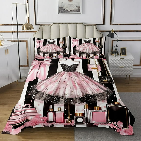 Pink Girly Dress Quilt Set Queen Size Modern Girls Women Black White Stripe Bedspread Romantic Makeup Themed Coverlet Set Golden Polka Dots Bed Set Perfume Print Bedding