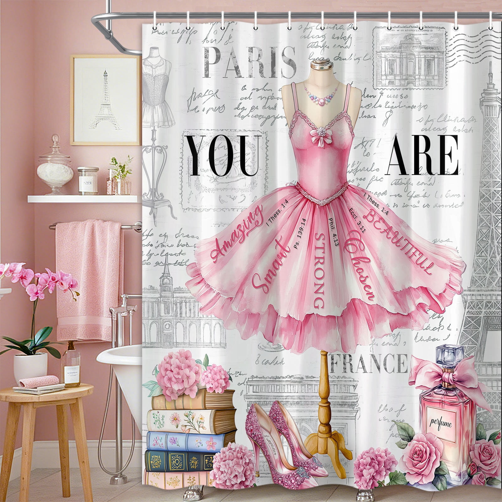 Pink Girly Dress Shower Curtain, Fashion Modern Ballet for Girls Women Bath Curtain, Eiffel Tower Paris Perfume High Heels Makeup Bathroom Decor Fabric Polyester Waterproof 12 Pack Hooks,70X85in