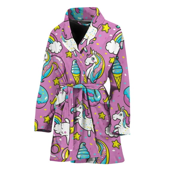 Pink Girly Unicorn Donut Pattern Women Bathrobe One Size Univeral Fits Fashion Lightweight Plush Fleece Long Robe For Women