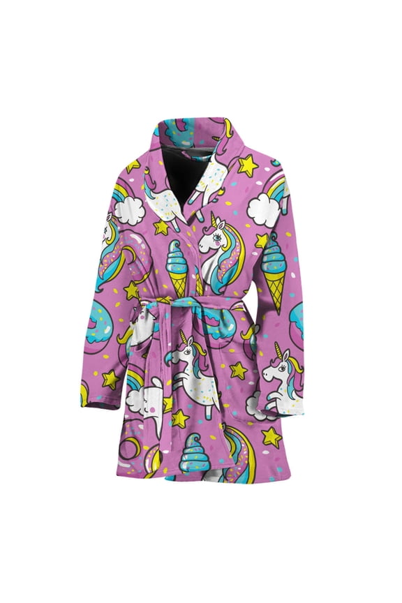 Pink Girly Unicorn Donut Pattern Women Bathrobe One Size Univeral Fits Fashion Lightweight Plush Fleece Long Robe For Women