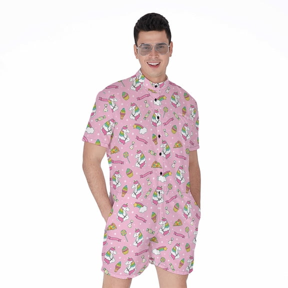 Pink Girly Unicorn Pattern Short Sleeve Men'S Rompers, Unicorn Casual Summer Jumpsuits Outfit