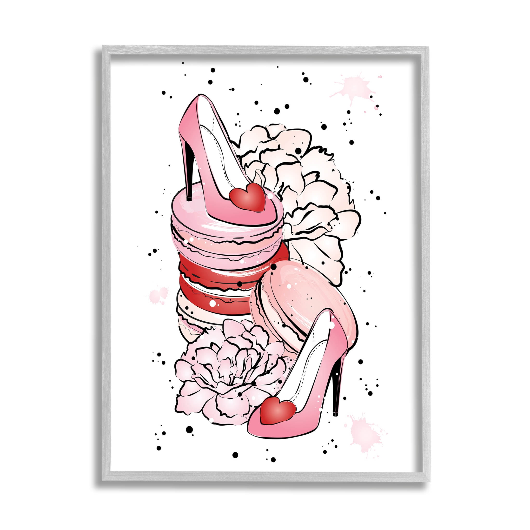 Pink Glam Heart Heels Macarons Beauty & Fashion Graphic Art Gray Framed Art Print Wall Art