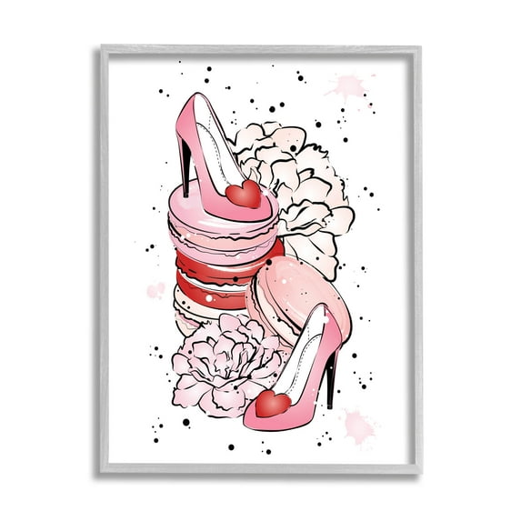 Pink Glam Heart Heels Macarons Beauty & Fashion Graphic Art Gray Framed Art Print Wall Art