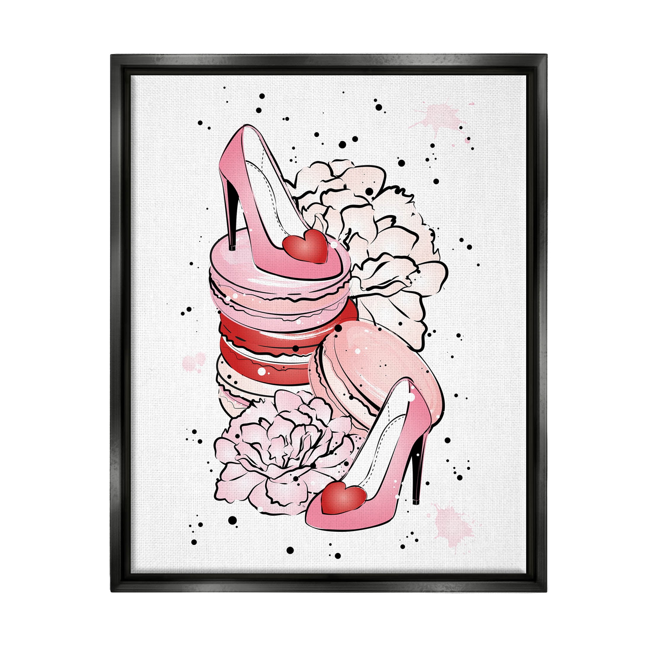Pink Glam Heart Heels Macarons Beauty & Fashion Graphic Art Jet Black Framed Art Print Wall Art