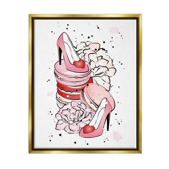 Pink Glam Heart Heels Macarons Beauty & Fashion Graphic Art Metallic Gold Framed Art Print Wall Art