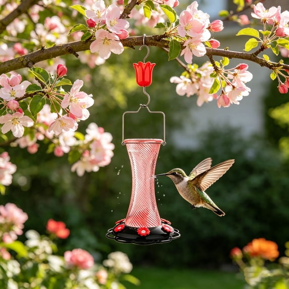 Pink Glass Bird Feeder, Hanging Hummer Feeder (7.9x6.3x6.3 Inch), Glass Construction, Outdoor Wilderness Bird Feeder For Garden Yard