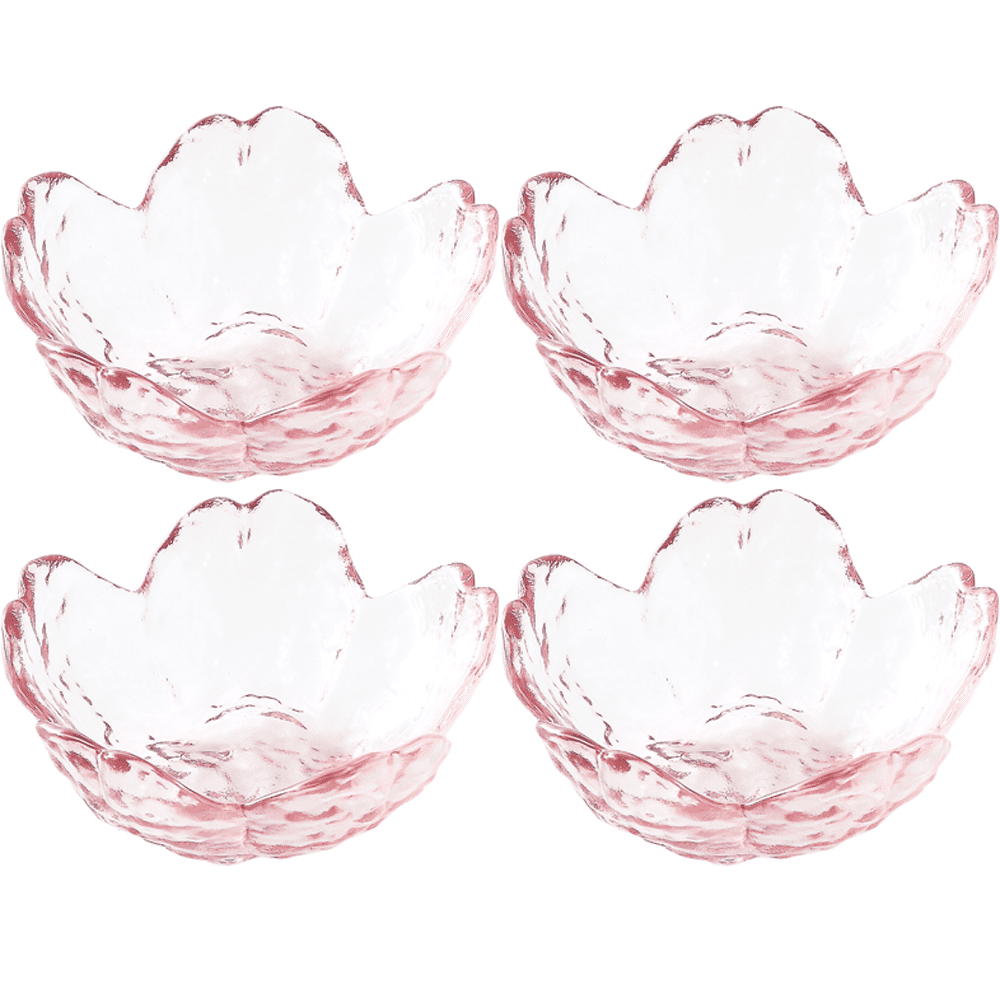 Pink Glass Bowls Set of 4, Small Dipping Dishes Sauce Plates- Japanese Sakura Flower Cherry Blossom Shaped Bowl for Dessert, Ice Cream, Miso Soup