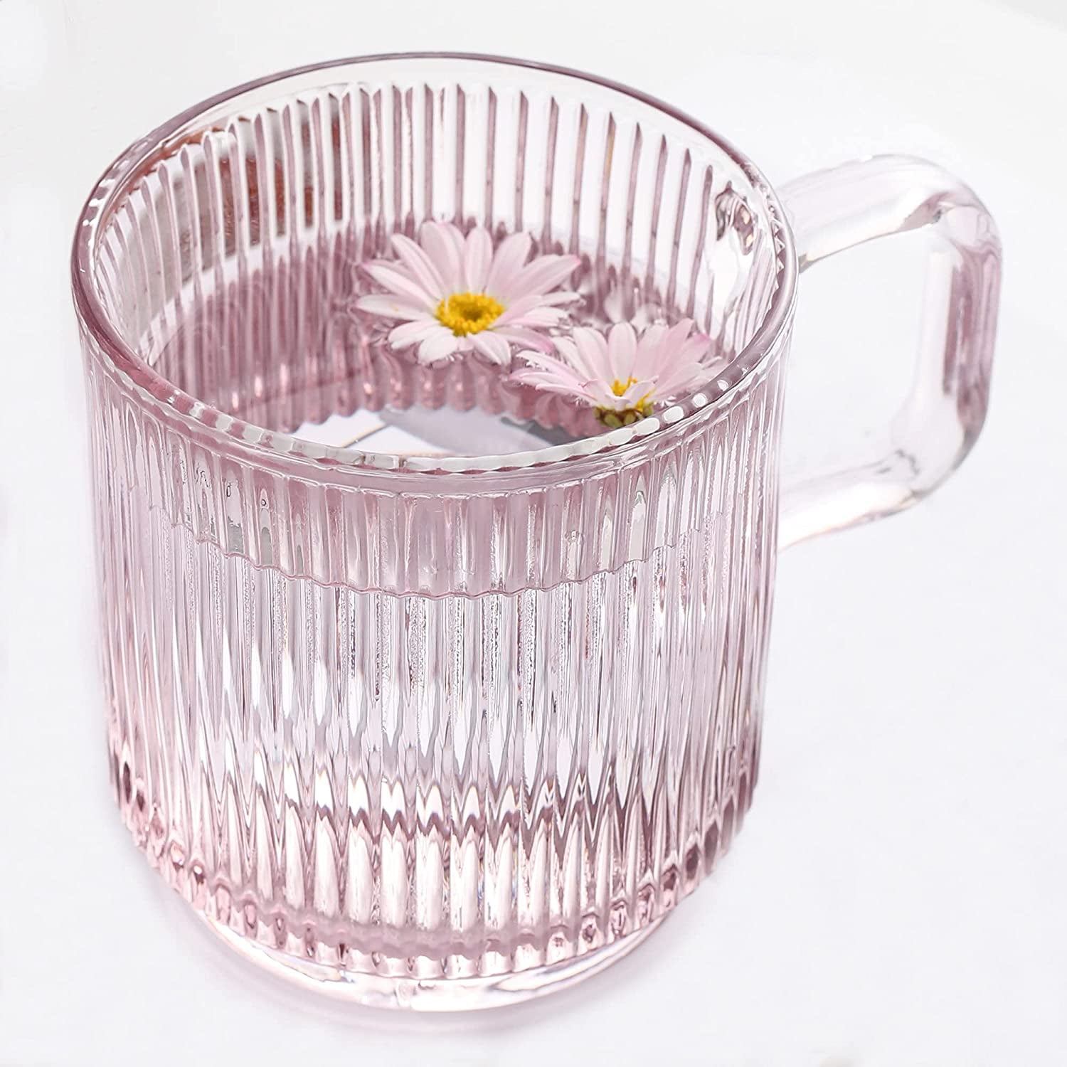 Pink Glass Coffee Mug with Lid Premium Classical Vertical Stripes
