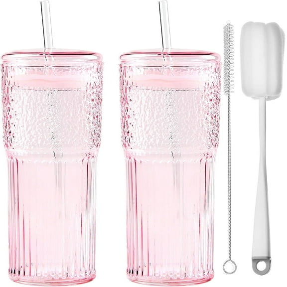 Glass Coffee Cups with Lids and Straws, 20 OZ Pink Iced Water Glasses Tumblers for Ice Juice, Tea, Milk, Smoothie and Cold or Hot Drinks, Set of 2